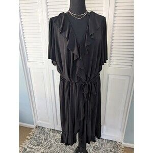 Avenue Dress Womens Sz 22/24 Black Waterfall Faux Wrap Knit Belt Classic Stretch